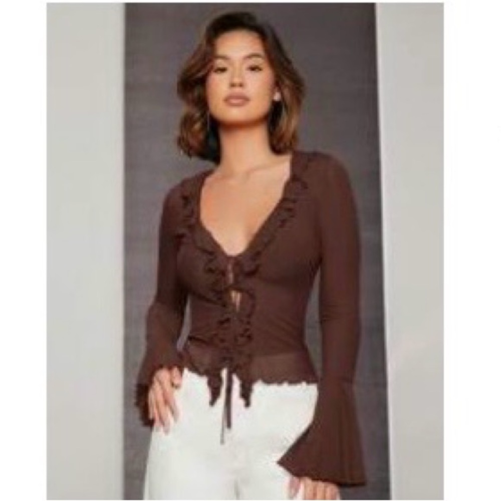 Brown Ruffled Sheer Blouse